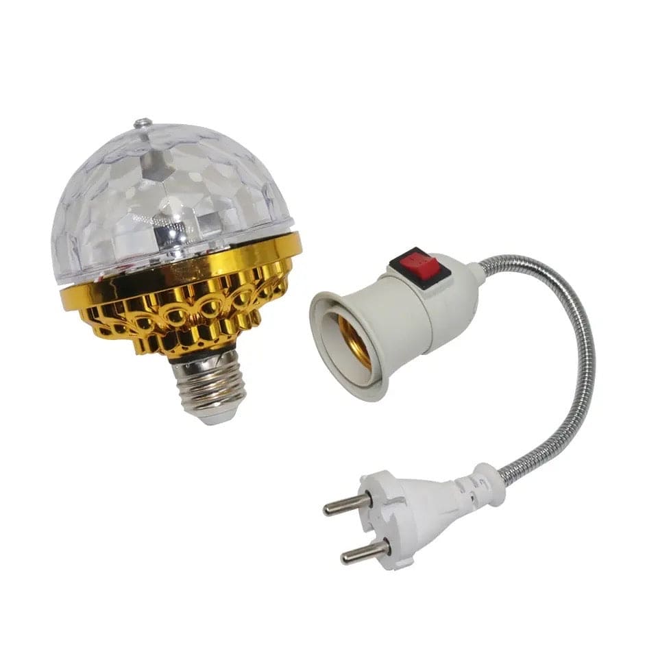 LED rotating disco ball light with gold base and flexible plug-in socket adapter