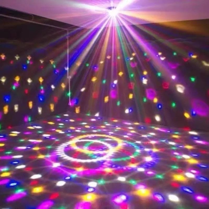 Colorful light patterns created by an LED rotating disco ball light on walls and floor in a party room