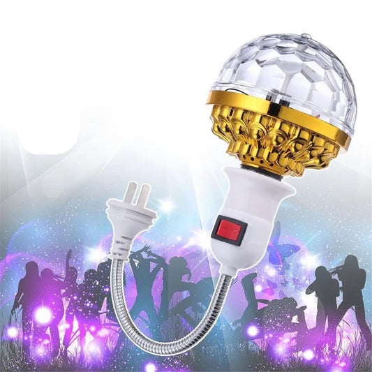 LED rotating disco ball light with flexible neck and plug for party and event lighting