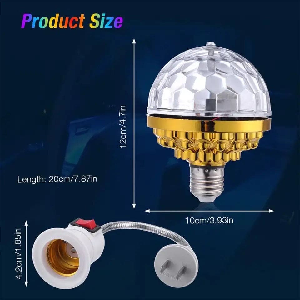 LED rotating disco ball light with gold base and detachable white socket adapter showing size dimensions