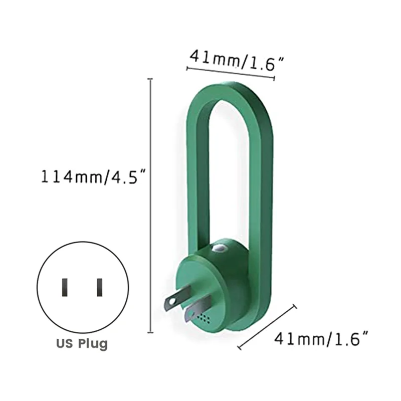 Green LED sleeping light with sensor and US plug showing dimensions 114mm by 41mm by 41mm