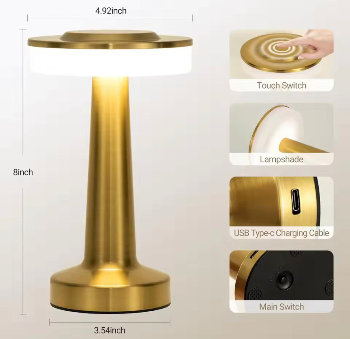 Clarify.pk LED touch table lamp with gold finish, touch switch, USB Type-C charging and modern lampshade