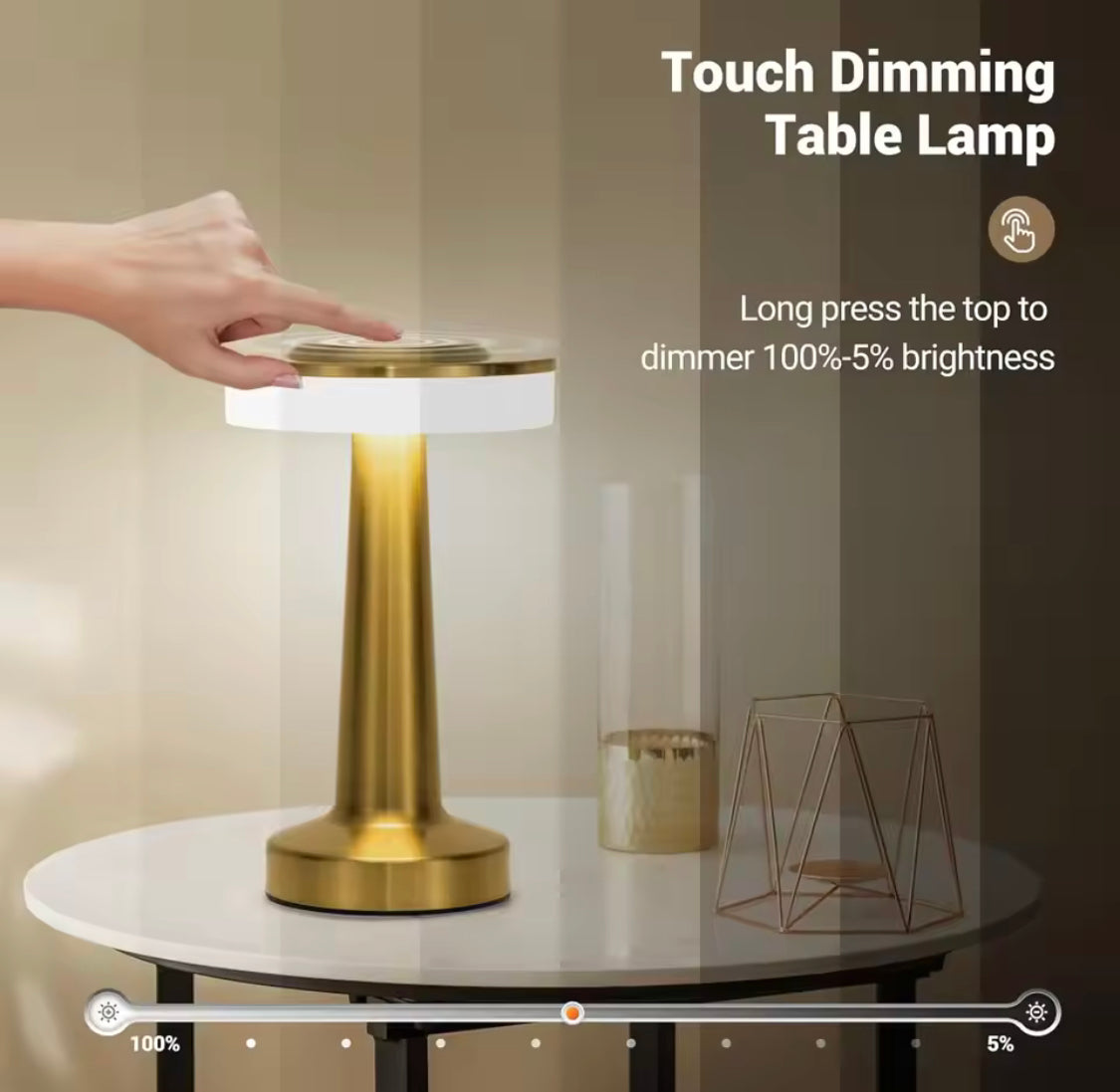 LED touch table lamp with gold base and white light ring on a round white table with touch dimming feature
