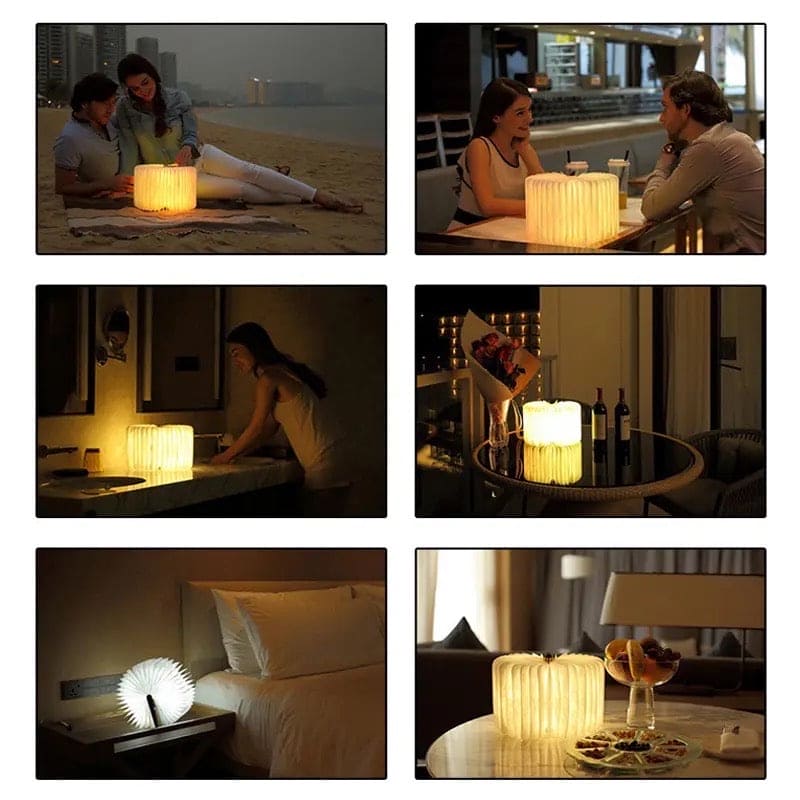 LED wooden book lamp glowing warmly in various cozy indoor and outdoor settings by Clarify.pk