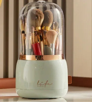 Clarify.pk 360 degree rotating makeup organizer with clear dome cover and makeup brushes inside