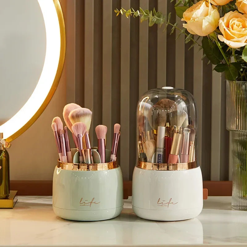 Clarify.pk 360 degree rotating makeup organizer with brush holders and transparent cover on a vanity table