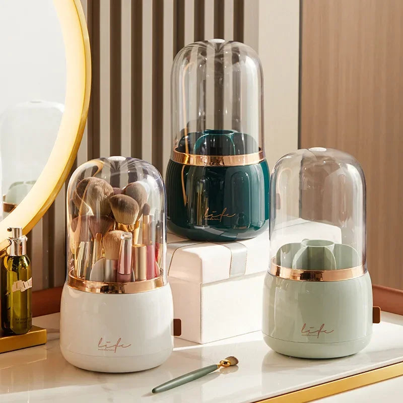 Clarify.pk 360 degree rotating makeup organizer with transparent domes holding brushes and cosmetics