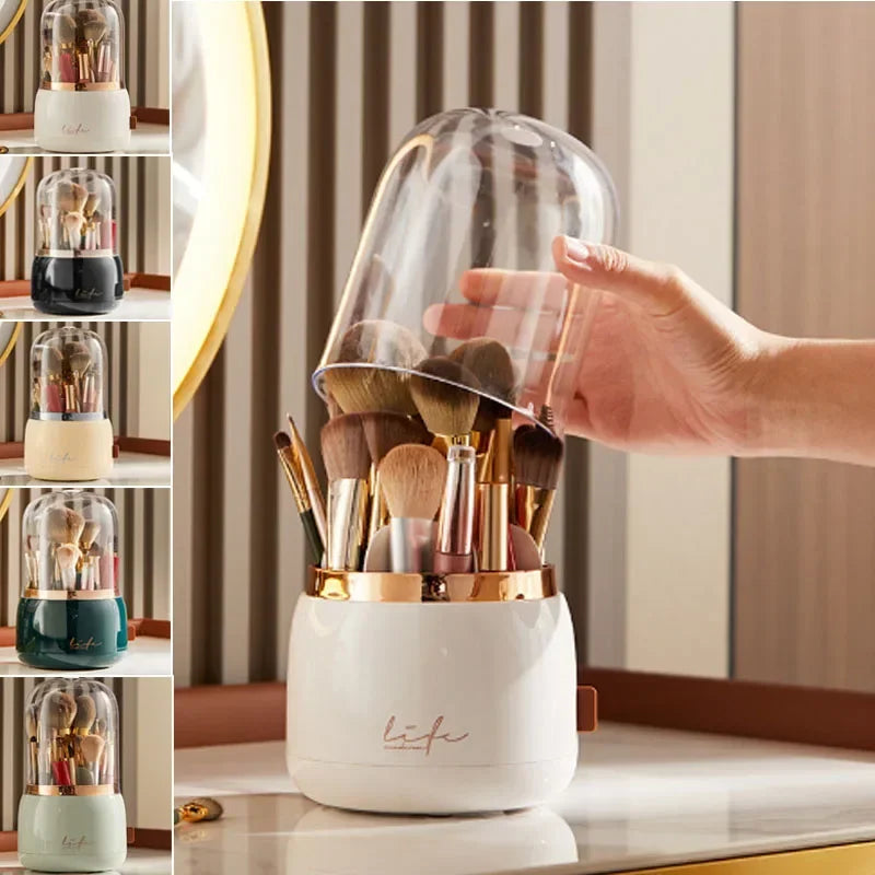Clarify.pk 360 degree rotating makeup organizer with clear dust cover holding multiple makeup brushes