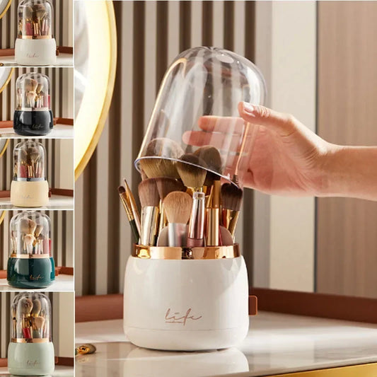 Clarify.pk 360 degree rotating makeup organizer with clear dust cover holding multiple makeup brushes
