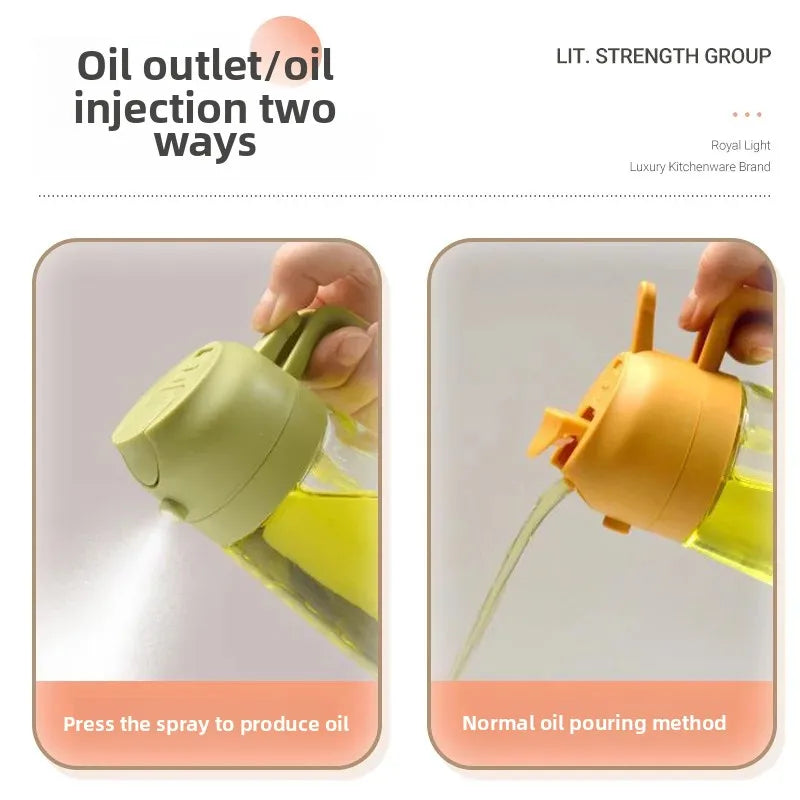 2 in 1 leakproof oil dispenser bottle showing spray and normal pouring methods