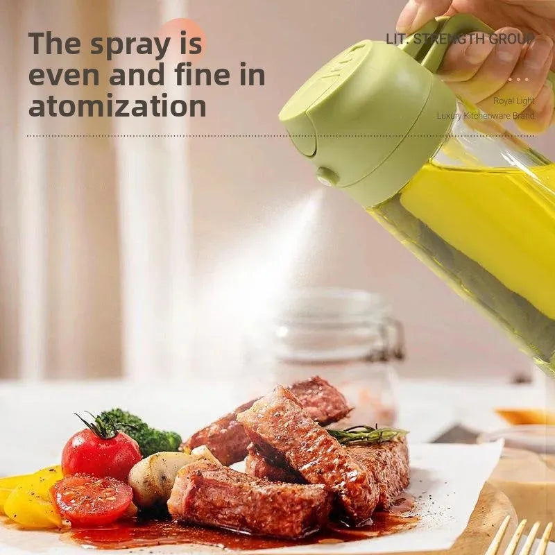 2 in 1 leakproof oil dispenser bottle spraying fine mist over grilled steak and vegetables