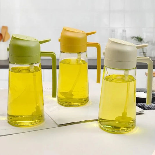 3 colorful 2 in 1 leakproof oil dispenser bottle set with green yellow and beige lids on kitchen counter