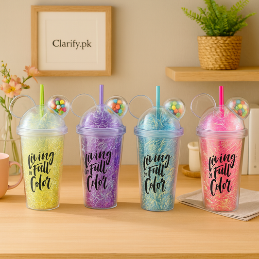 Colorful Clarify.pk Water Bottle set with straws and decorative candy compartments on wooden table