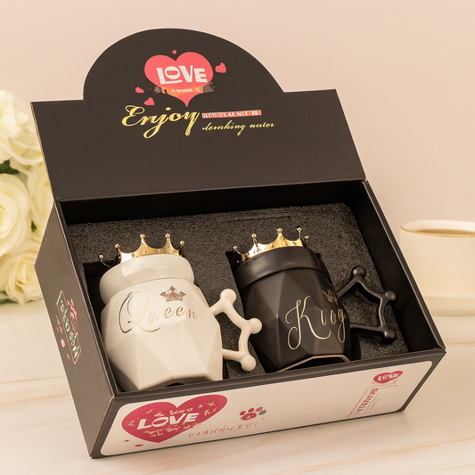 Queen and King couple mugs gift set with crown lids in black gift box by Clarify.pk