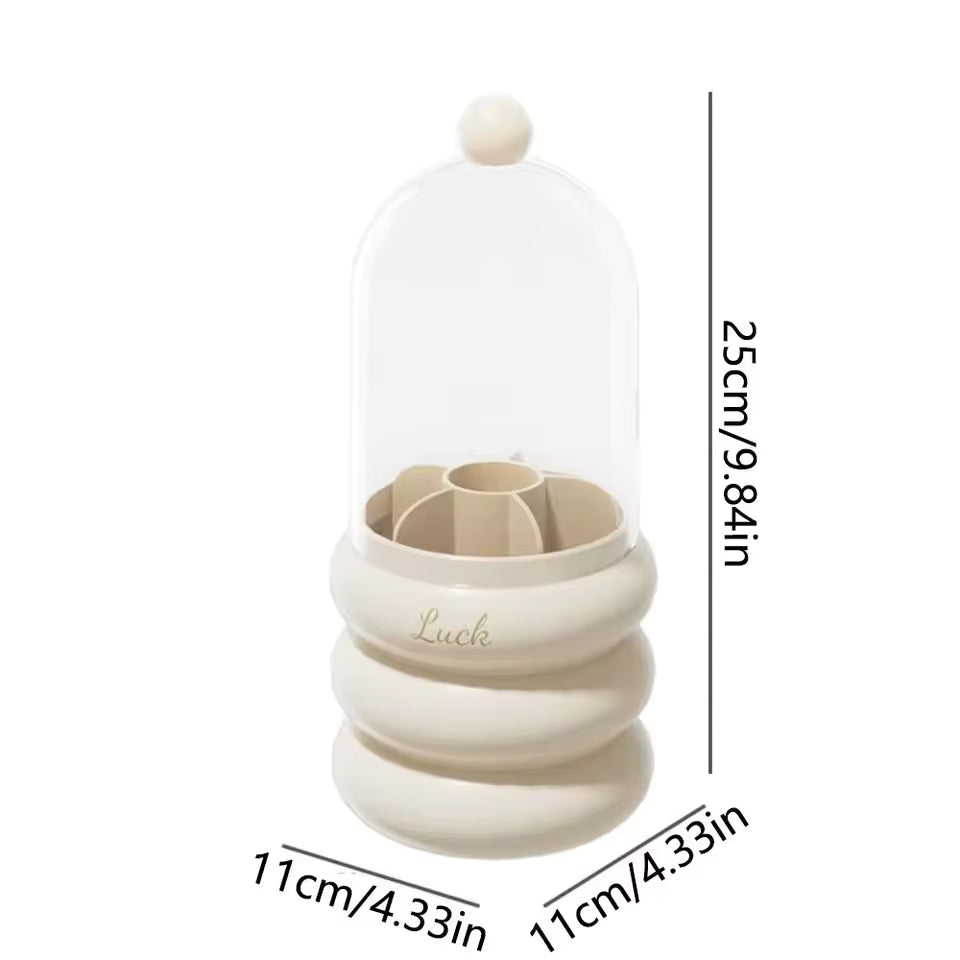 Dustproof makeup organizer with lid in beige with multiple compartments and clear cover by Clarify.pk