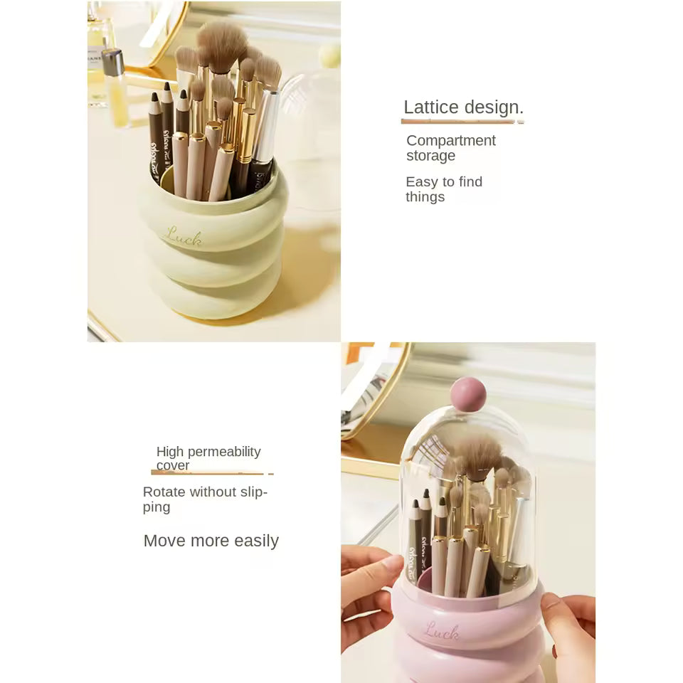Dustproof makeup organizer with lid featuring lattice design and compartment storage for easy makeup brush organization