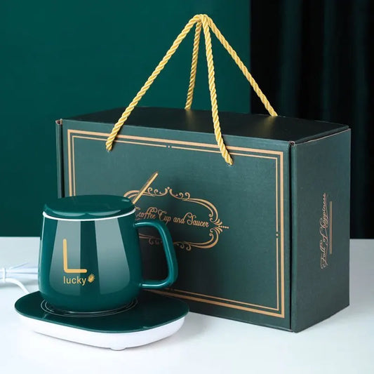 Green ceramic mug with warmer and matching saucer set with gold lucky design from Clarify pk