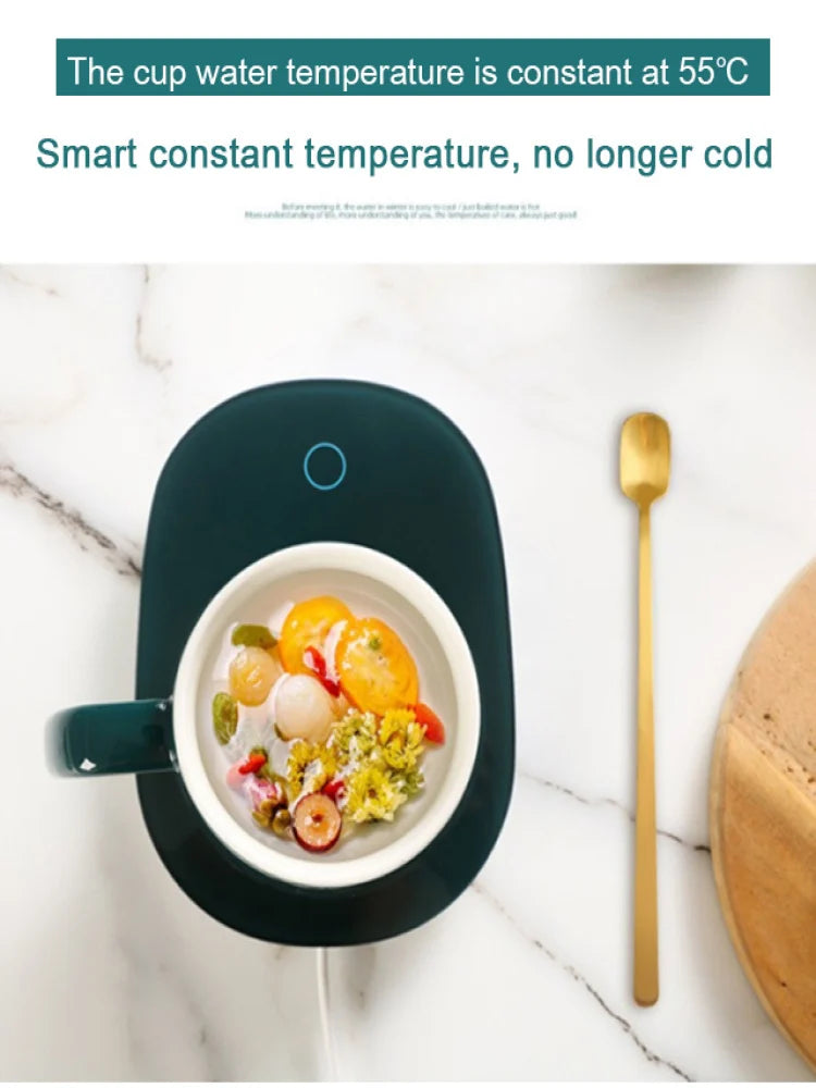 Ceramic mug with warmer maintaining smart constant temperature at 55 degrees Celsius on black warming base