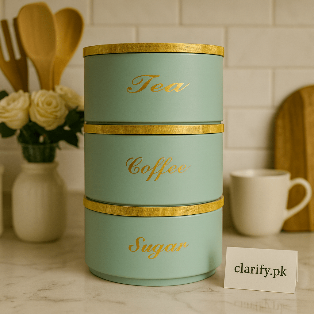 Luxury 3 - Piece Round Tin Canister Set – Tea, Sugar & Coffee Storage - Clarify.pk