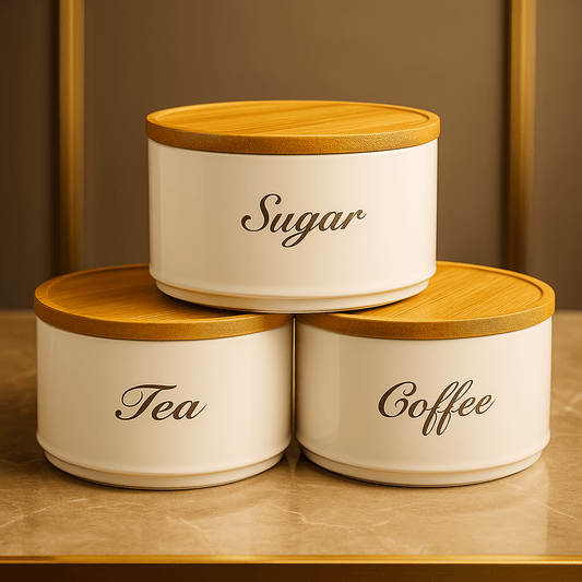 Luxury 3 - Piece Round Tin Canister Set – Tea, Sugar & Coffee Storage - Clarify.pk