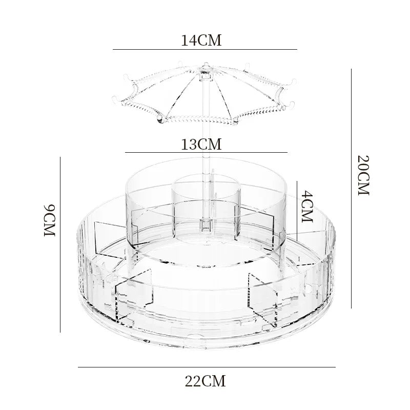 Clear 360 degree makeup organizer with multiple compartments and precise dimensions for easy storage