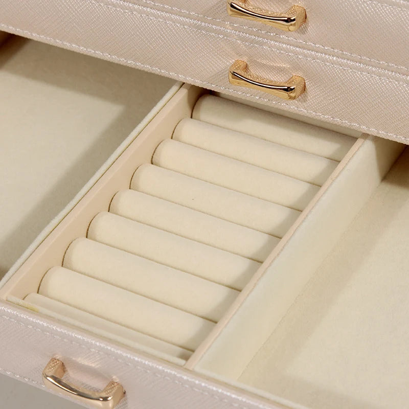 Clarify.pk beige 5 layer fashion jewelry storage box with gold handles and cushioned ring holder