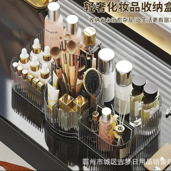 Luxury acrylic makeup organizer holding various makeup brushes bottles and skincare products by Clarify.pk