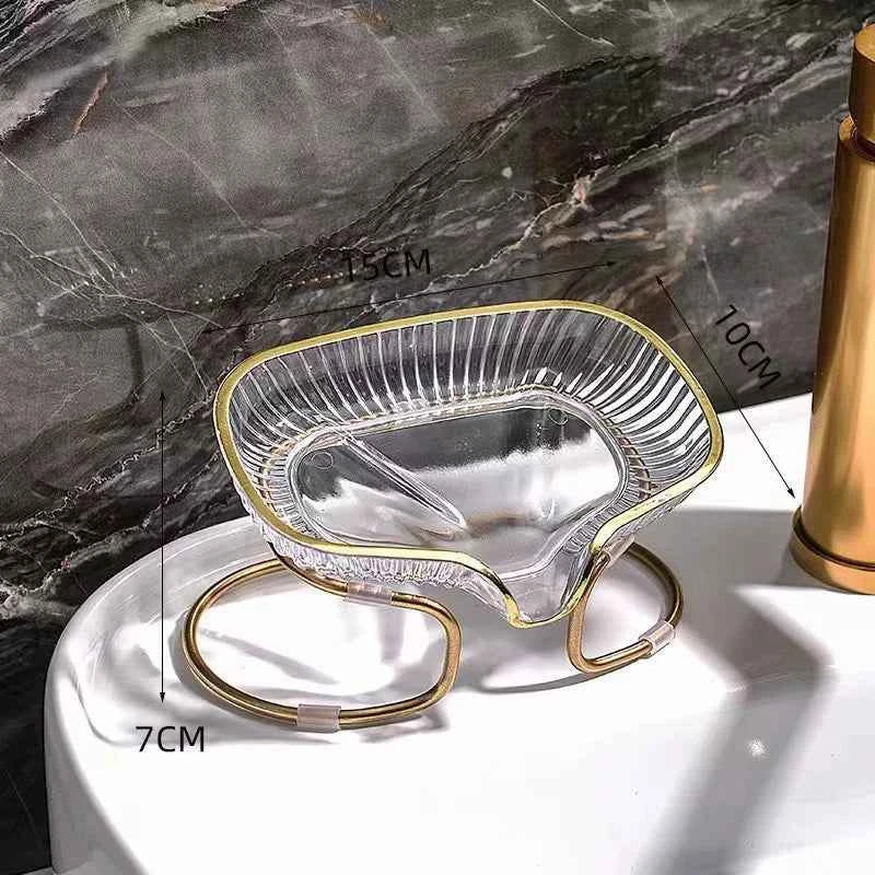Elegant luxury bathroom soap dish with gold trim and clear design for a stylish bath decor