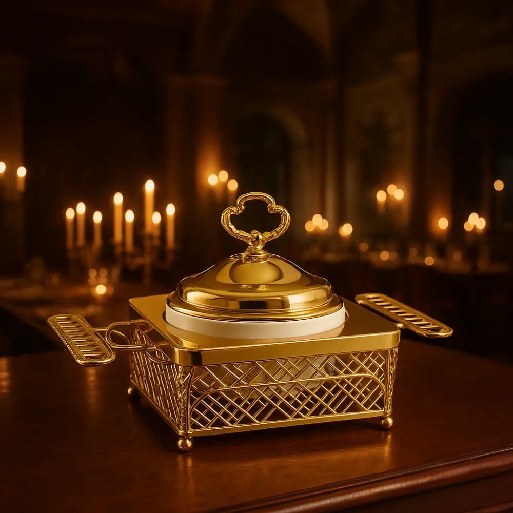 Luxury buffet server with ceramic insert featuring gold metal frame and ornate lid in elegant dining setting