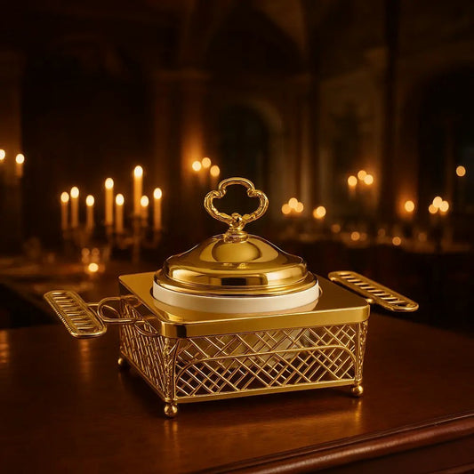 Luxury buffet server with ceramic insert featuring gold metal frame and ornate lid in elegant dining setting