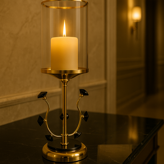 Luxury candle stand gold black with glass cover and decorative black accents on a dark surface