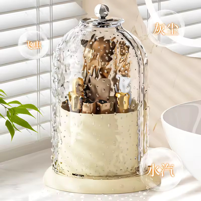 Clarify.pk luxury cosmetics storage box with transparent bubble glass cover and cream base for elegant makeup organization