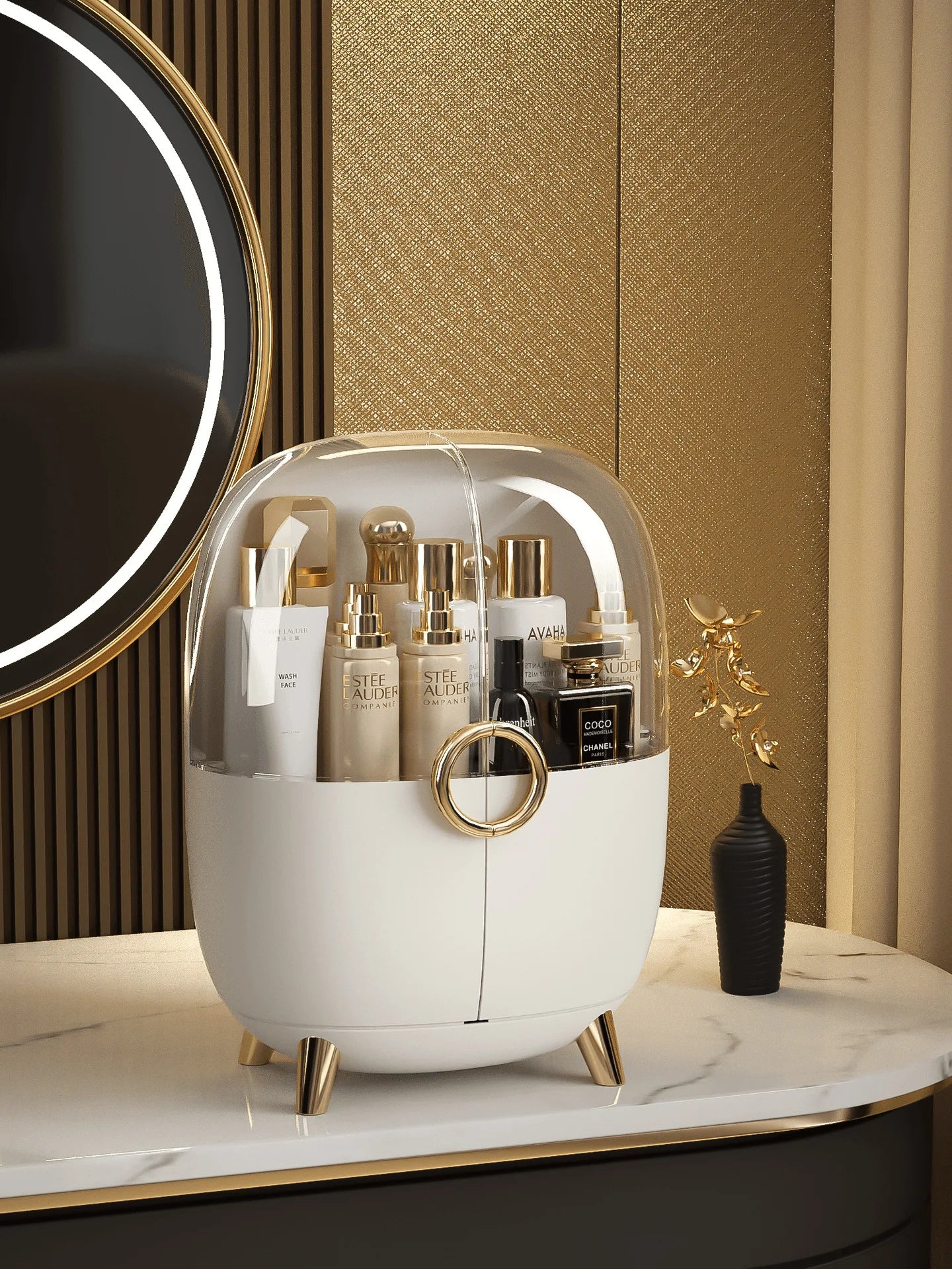Luxury cosmetics storage box by Clarify.pk in white with gold accents on marble surface