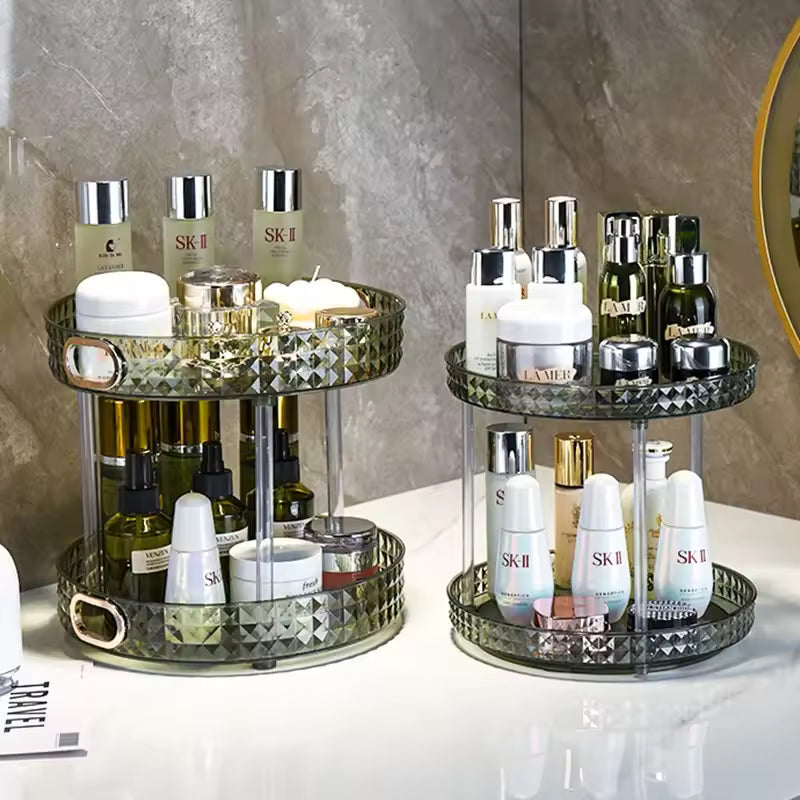 Clarify.pk luxury cosmetics storage rack with two-tier glass trays holding skincare bottles and jars