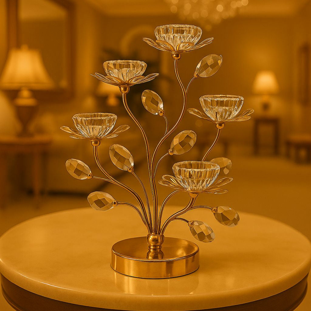 Elegant luxury Crystal Candle Stand with gold metal branches and crystal leaves on round base
