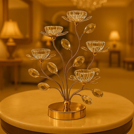 Elegant luxury Crystal Candle Stand with gold metal branches and crystal leaves on round base