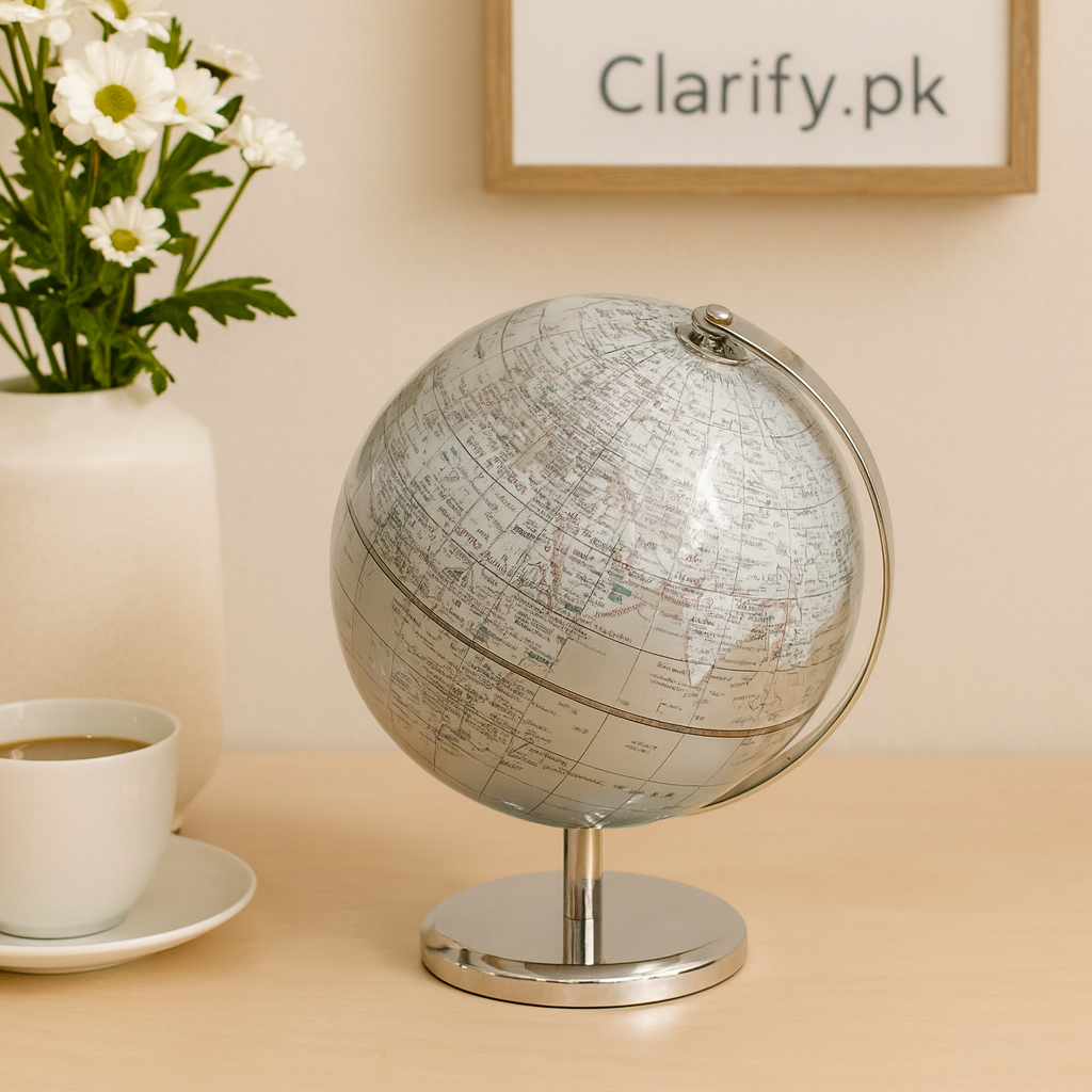 Luxury decorative world globe with silver stand on wooden desk near coffee cup and vase