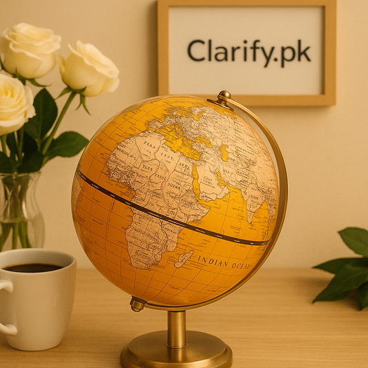 Clarify.pk luxury decorative world globe in yellow and gold on wooden desk with flowers and coffee cup
