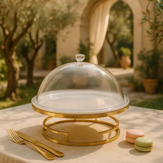 Luxury dessert display cloche with clear dome and gold metal base on outdoor table with macarons