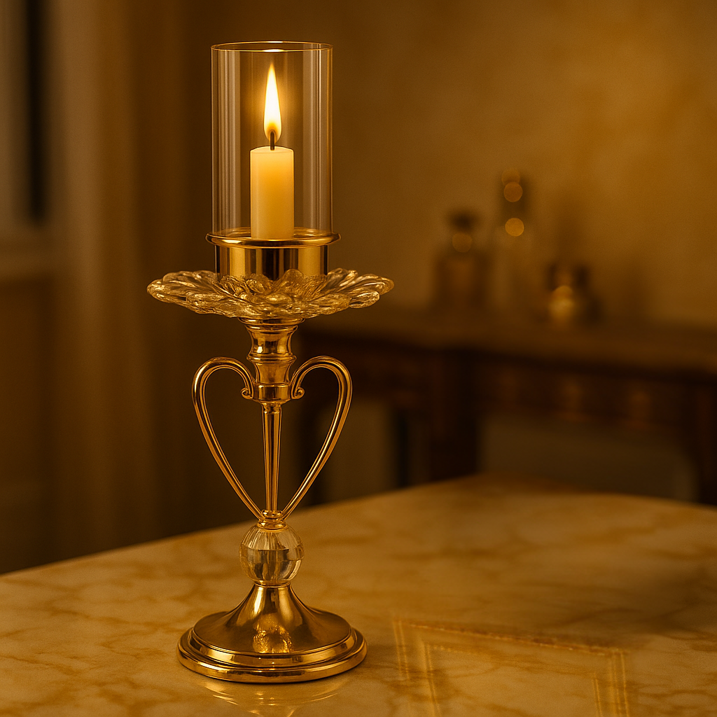 Elegant gold crystal candle holder with lit candle and glass cover on marble table