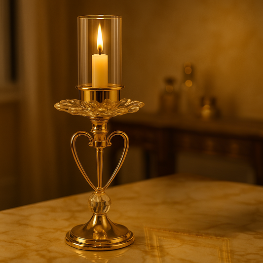 Elegant gold crystal candle holder with lit candle and glass cover on marble table
