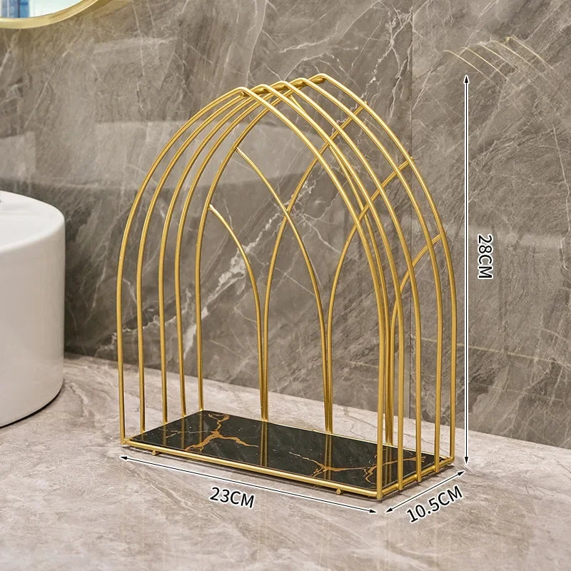 Luxury gold storage rack for bathroom with black marble base and elegant arch design