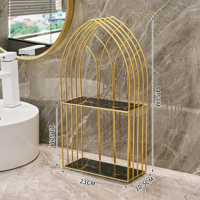 Luxury gold storage rack for bathroom by Clarify.pk with black marble shelves and gold frame