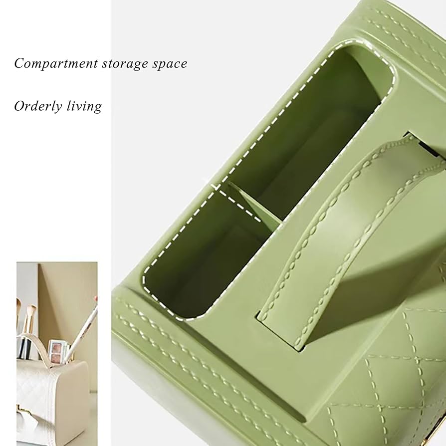 Olive green handbag tissue box holder with compartment storage space and stitched detailing