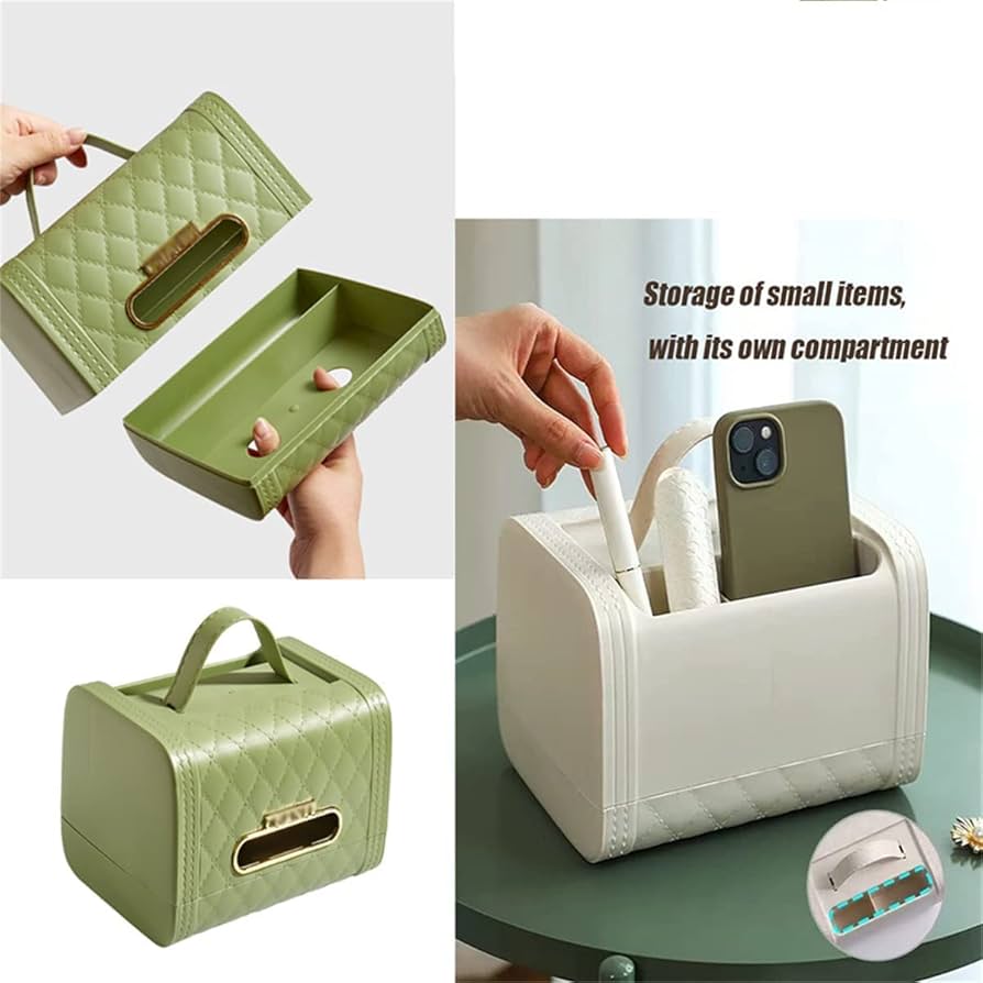 Green and white handbag tissue box holder with storage compartments for small items and easy portability