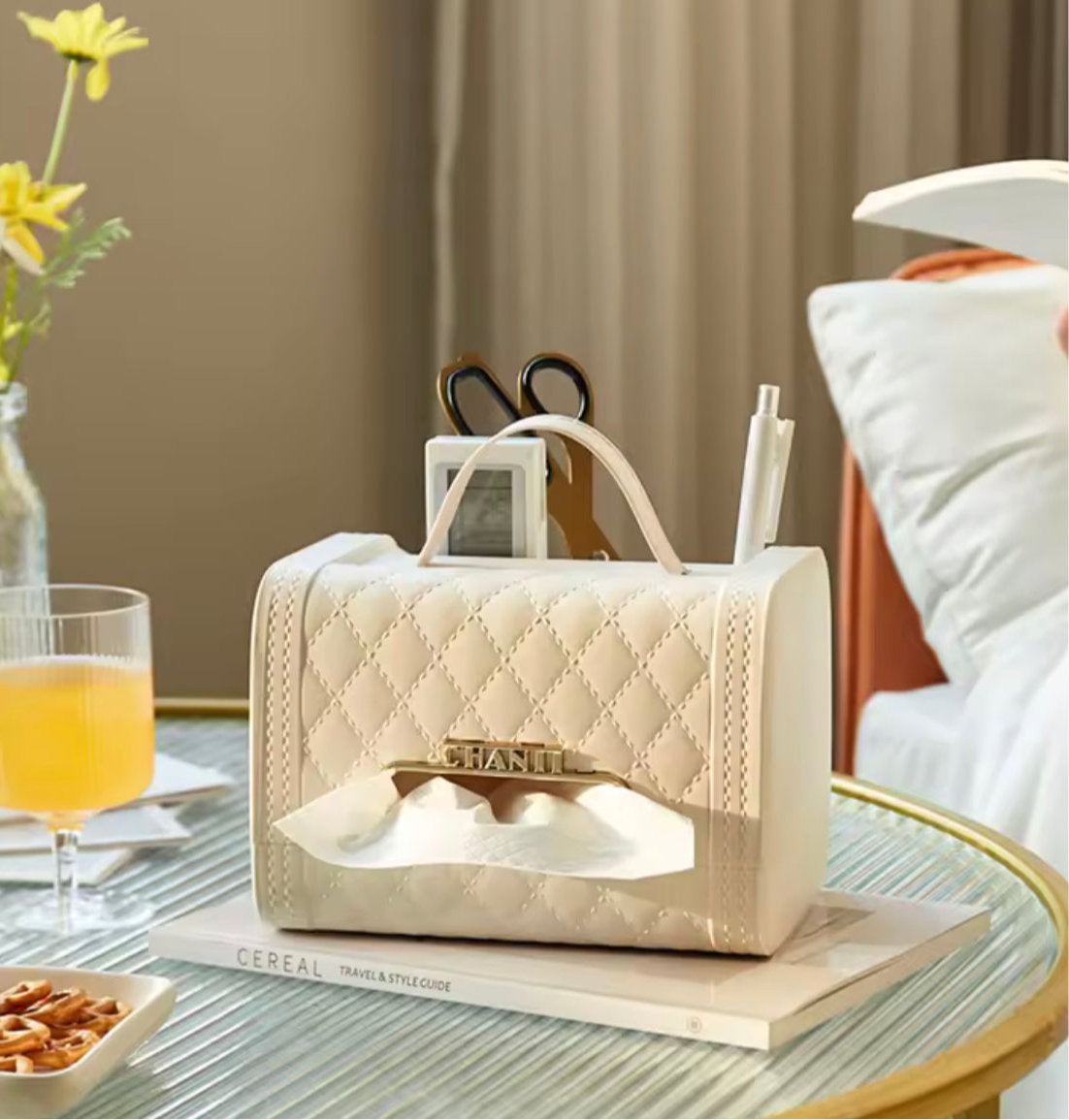 Elegant white handbag tissue box holder with quilted design and compartments for pens and scissors