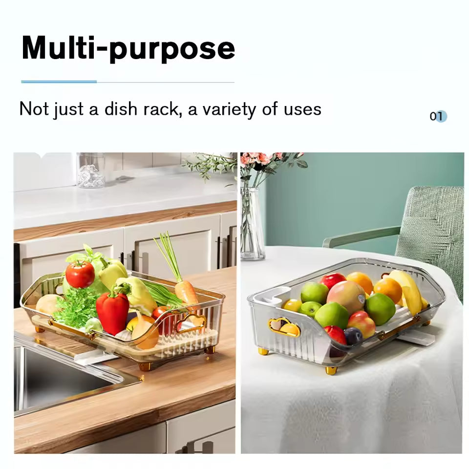 Luxury kitchen dish drainer multipurpose rack holding fresh vegetables and fruits on countertop and table