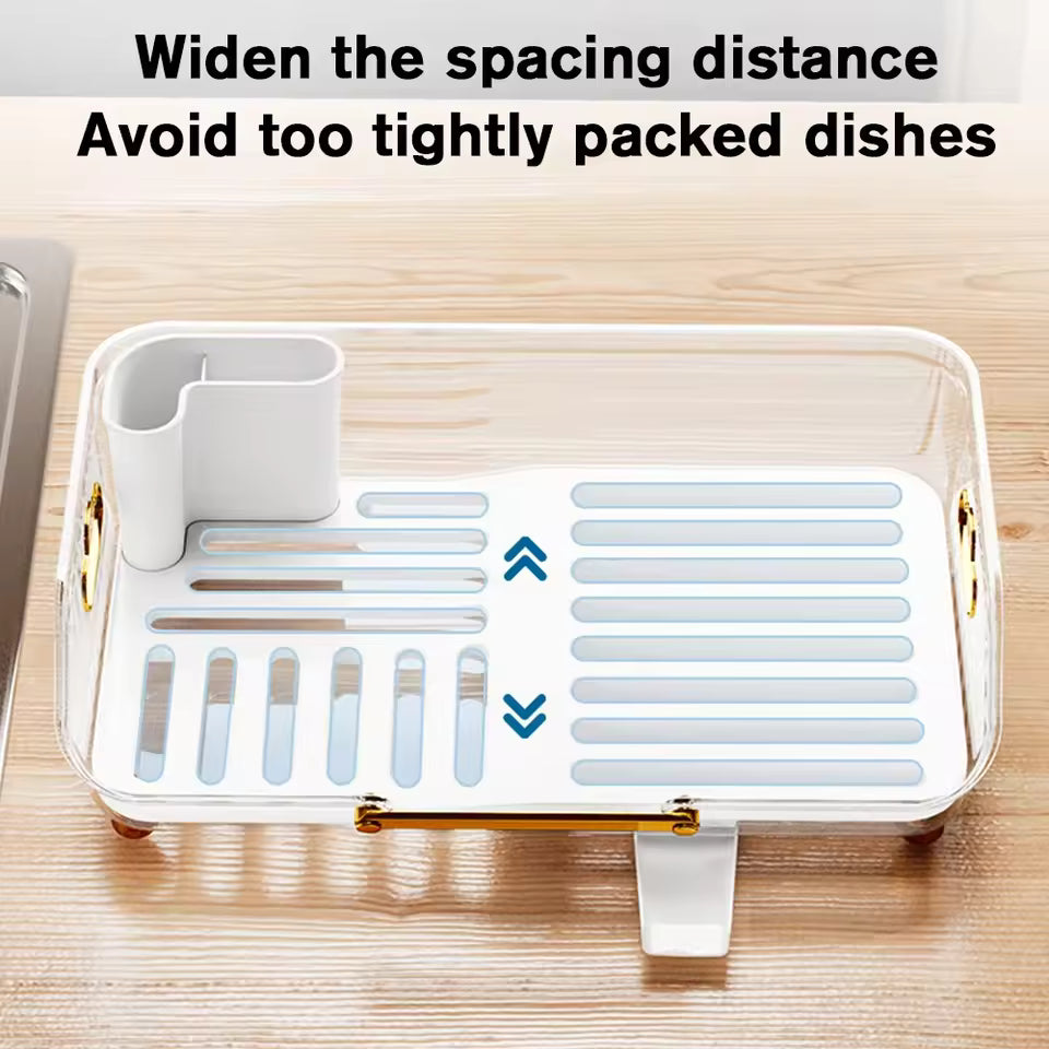 Luxury kitchen dish drainer with wide spacing design and utensil holder on a wooden countertop