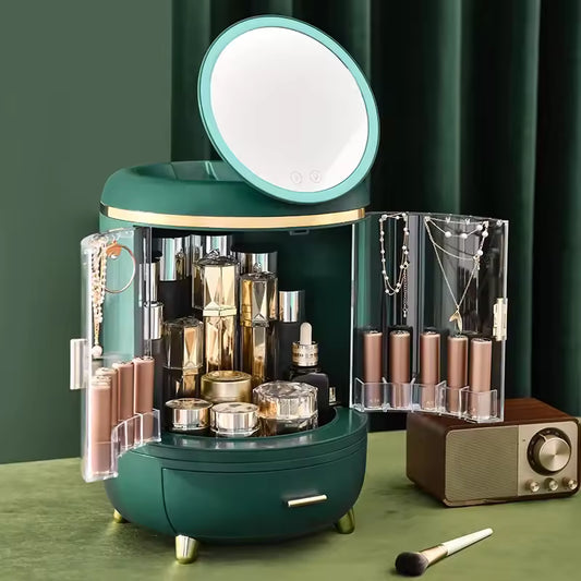 Luxury makeup organizer with LED mirror desktop storage box by Clarify.pk in green with gold accents holding cosmetics and jewelry