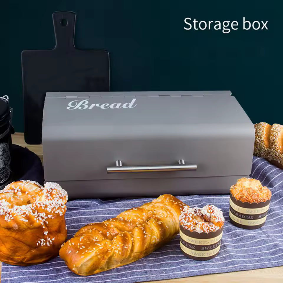 Clarify.pk luxury metal bread box gray bread storage case with handle on kitchen counter